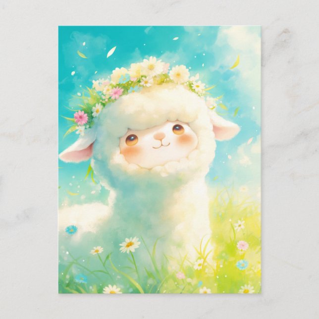 Vit Alpaca med vårblommig krans äng Vykort (Framsida)