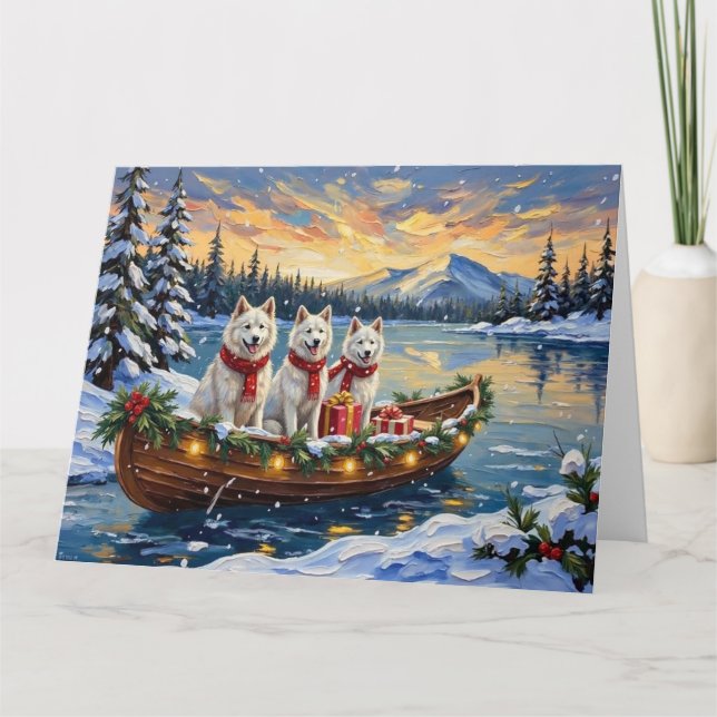 Vit American Eskimo Dog Jul Båt Högtid Kort (Framsida)