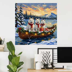 Vit American Eskimo Dog Jul Båt Högtid Poster