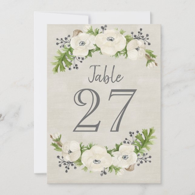 Vit Anemon Akvarell Blommig Bordsnummerkort Inbjudningar (Framsida)