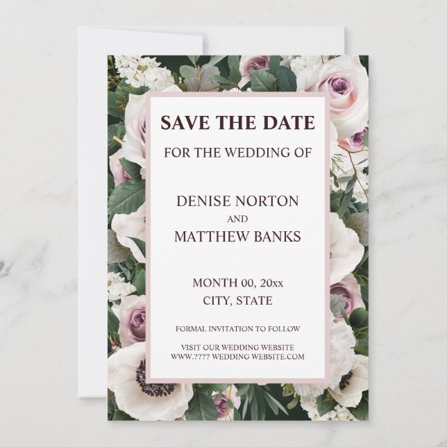 Vit anemon om Emerald Grönt Spara datum Inbjudningar (Baksida)