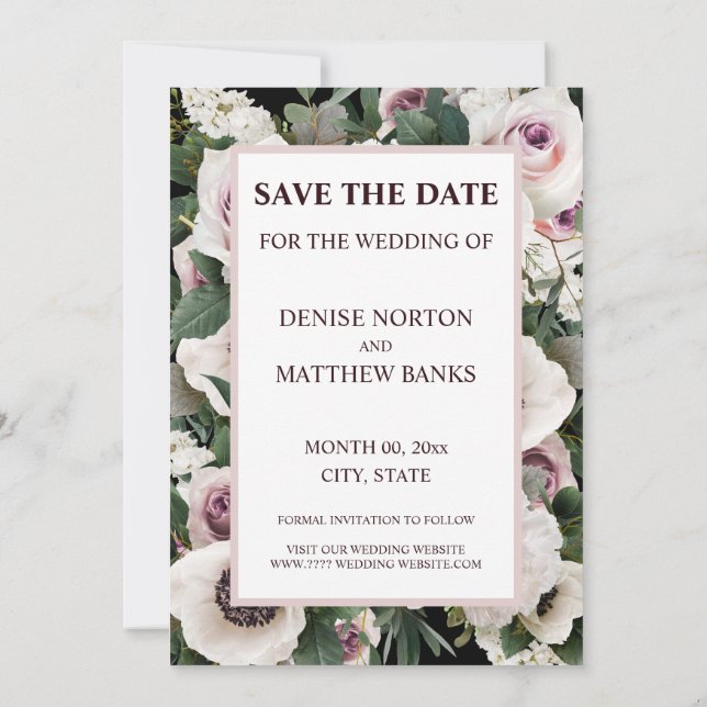 Vit anemon på True Black Save Date Invi Inbjudningar (Baksida)