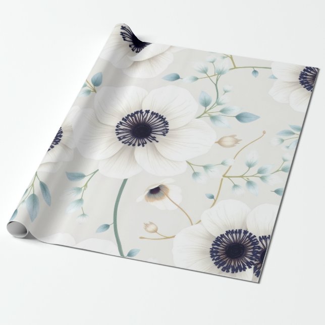 Vit Anemone & Eukalyptus Påsk  Presentpapper (Utrullad)