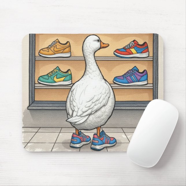Vit anka som handlar sneakers musmatta (Med mus)