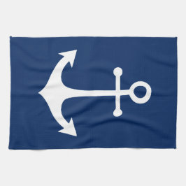 vit ankare på marin blå kökshandduk