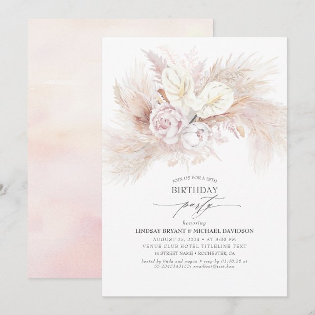 Vit anurum- och Pampas Grass-Födelsedagsfest Inbjudningar (Fram/baksida)