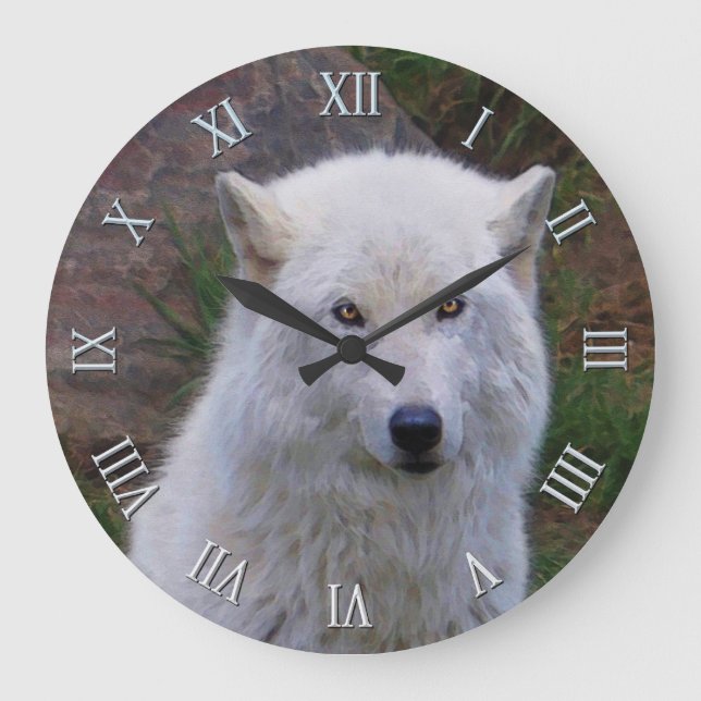 Vit arktisk Varg Wildlife Art Clock Stor Klocka (Framsida)