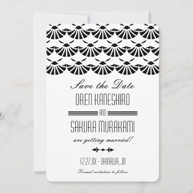 Vit Art Deco-inspirerad orientalisk Save The Date Spara Datumet (Framsida)
