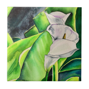 Vit Arum Lily vattenfärgstropiska blommigtar Kakelplatta