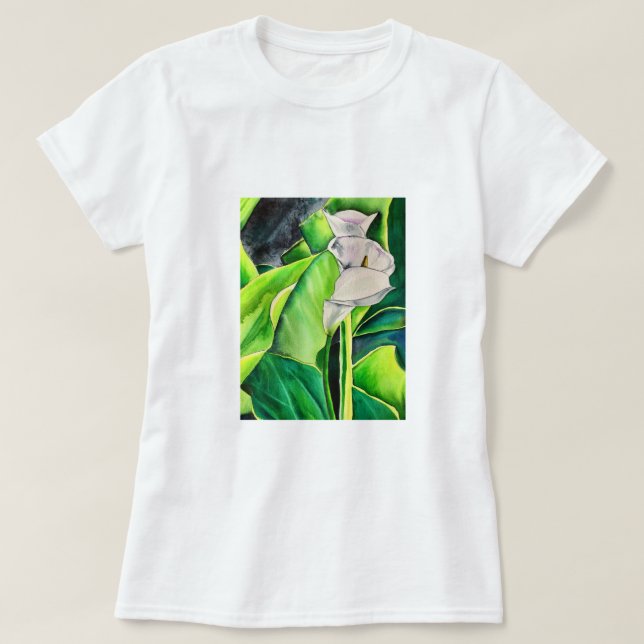 Vit Arum Lily vattenfärgstropiska blommigtar T Shirt (Design framsida)