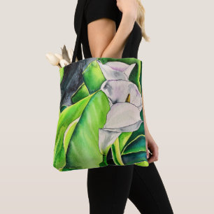 Vit Arum Lily vattenfärgstropiska blommigtar Tygkasse