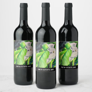 Vit Arum Lily vattenfärgstropiska blommigtar Vinflaska Etikett