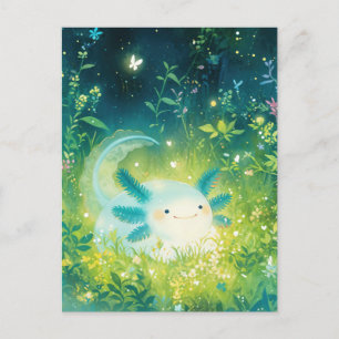 Vit Axolotl i Magisk Gnistrande Nattträdgård Vykort