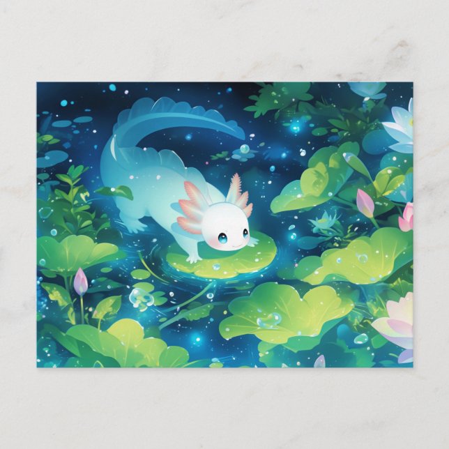 Vit Axolotl i Magisk Nattliljedamm Vykort (Framsida)