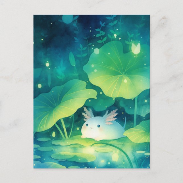 Vit Axolotl i Magisk Nattliljedamm Vykort (Framsida)
