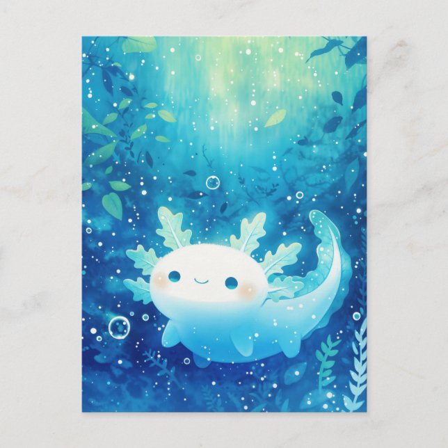 Vit Axolotl som simmar i djupblå bubblande ocean Vykort (Framsida)