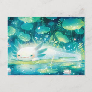 Vit Axolotl Vilande i Magisk Tealfärgad Damm Vykort
