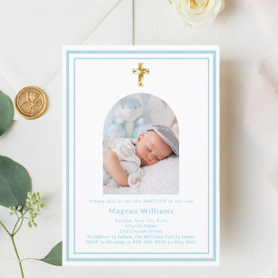 Vit baby blue fotoarch-pojke Baptism Inbjudningar