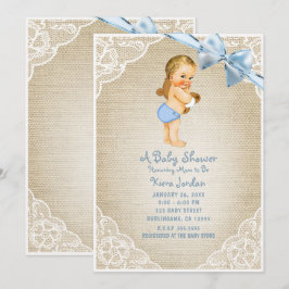 Vit Baby Boy Bear & Blå Bow Burlap Baby Shower Inbjudningar