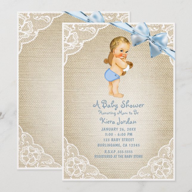 Vit Baby Boy Bear & Blå Bow Burlap Baby Shower Inbjudningar (Fram/baksida)