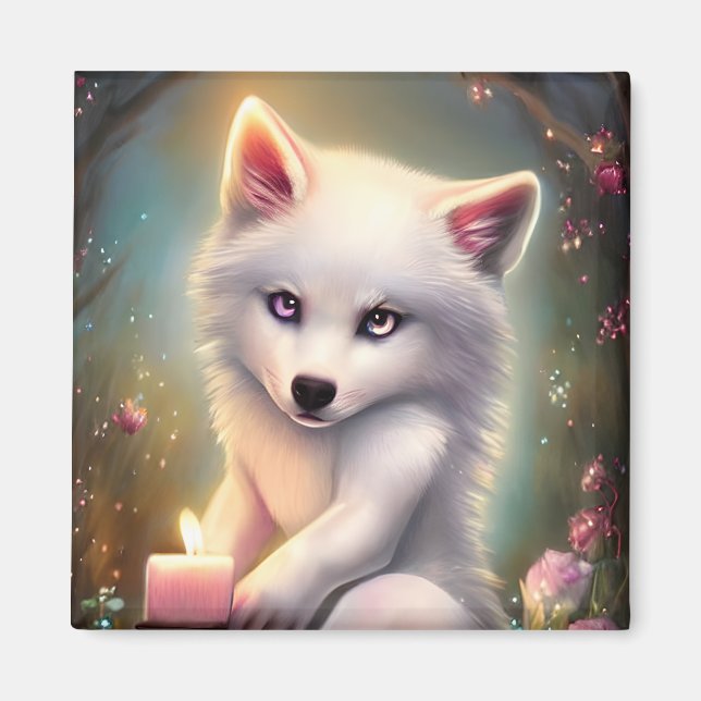 Vit Baby Fox för födelsedagsljus Magnet (Framsidan)