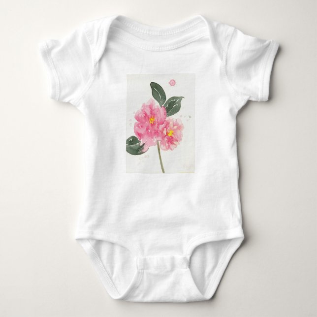 Vit baby t-shirt med rosa camellia (Framsida)