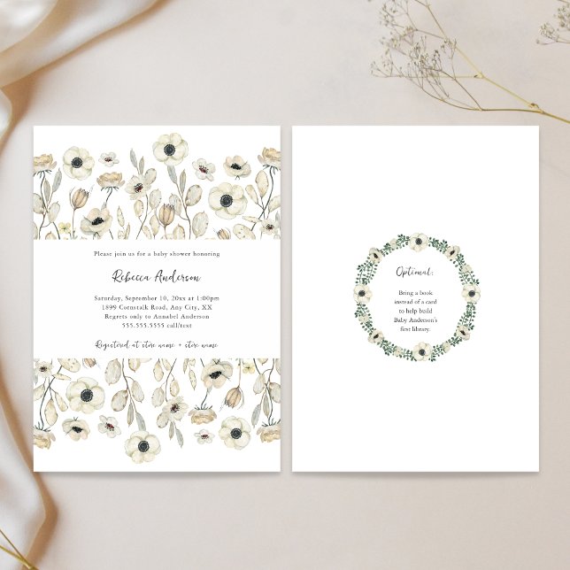 Vit babydusch för Blommigt + begäran om bok Inbjudningar (Skapare uppladdad)