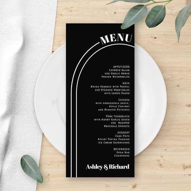 Vit båge och typografi svart bröllop-menykort reklamkort (Skapare uppladdad)