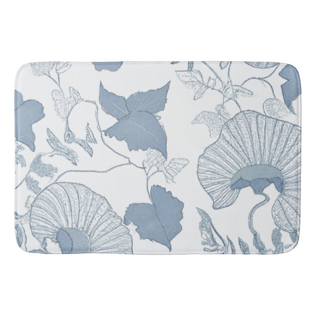 Vit bakgrund Fintvätt av blå japanska blommor Badrumsmatta (Framsidan)