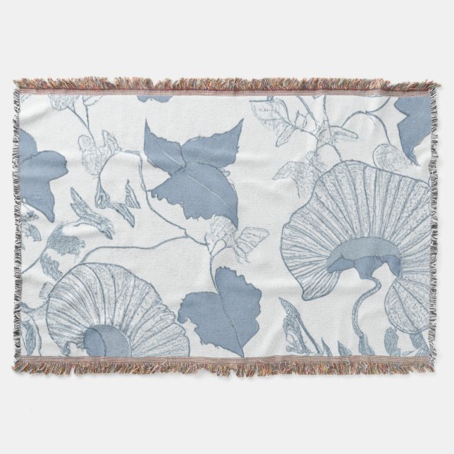 Vit bakgrund Fintvätt av blå japanska blommor Filt (Framsidan)