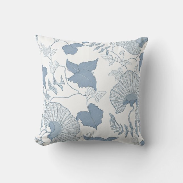 Vit bakgrund Fintvätt av blå japanska blommor Kudde (Framsida)