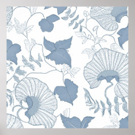 Vit bakgrund Fintvätt av blå japanska blommor Poster