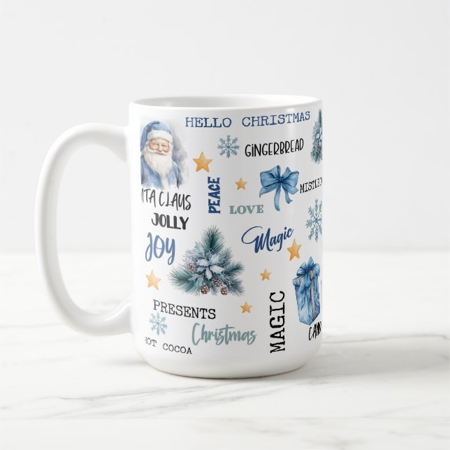 Vit bakgrund med blå tomte och presenter kaffemugg (Vänster)