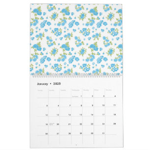 vit bakgrund med blåa blommor och grönt kalender