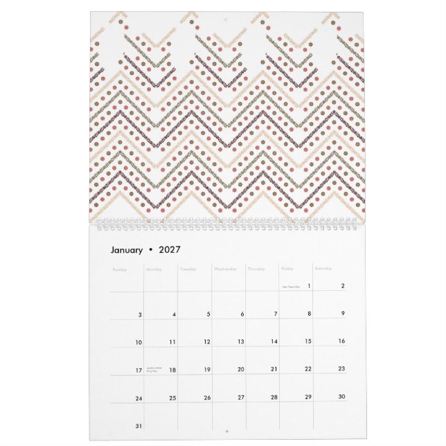 vit bakgrund med bruna och röda punkter kalender (Jan 2027)