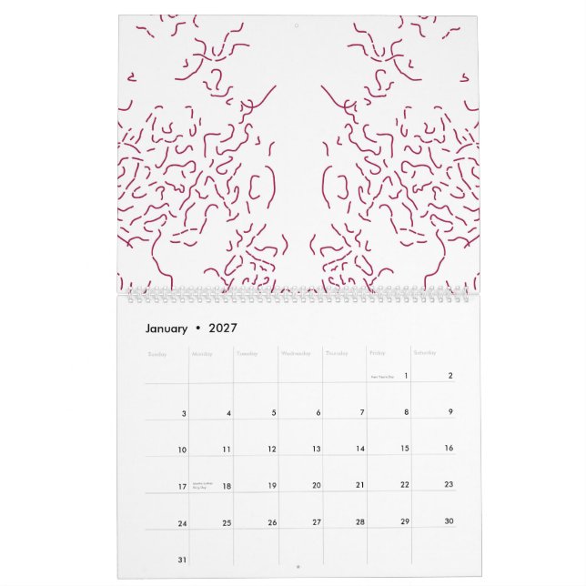 vit bakgrund med mycket rött linjer kalender (Jan 2027)