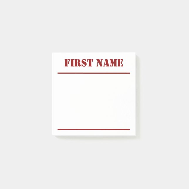Vit bakgrund med röd, fetstilt Mörk, eget namn Post-it Block (Framsida)