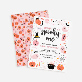 Vit bakgrund Rosa och Orange Halloween 1-års födel Inbjudningar