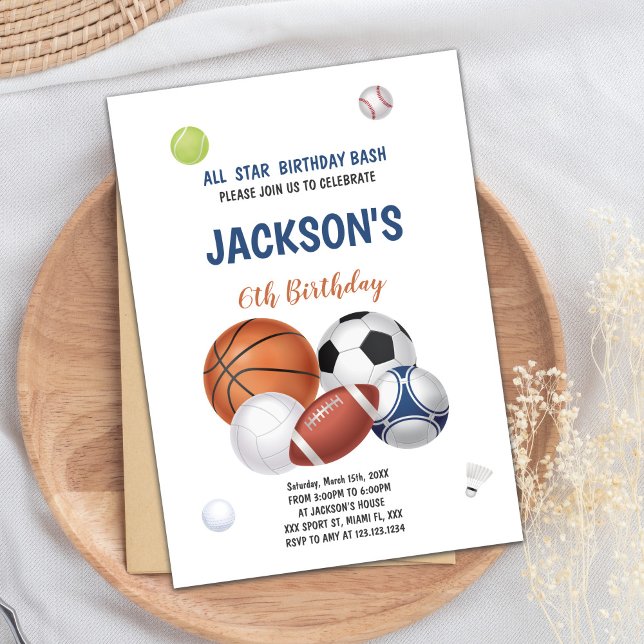 Vit bakgrundsporter från födelsedagsinbjudan inbjudningar (White Sports Birthday Invitations)