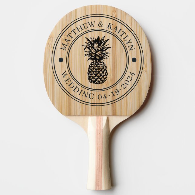 Vit Bambu Ananas Bröllopskrona & Namn Pingisracket (Baksidan)