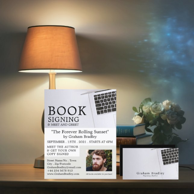 Vit bärbar dator, Bok-signeringsreklam för skrivar Reklamblad (Skapare uppladdad)