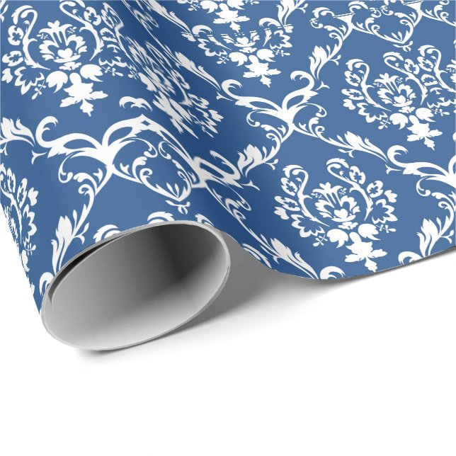 Vit Baroque Damasker Anpassningsbar Blue Backgroun Presentpapper (Rullad Hörn)