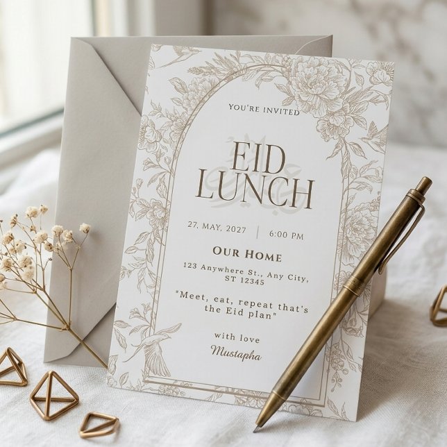 Vit Beige Blommig Båge Botanisk Eid Lunchfest  Inbjudningar (Skapare uppladdad)