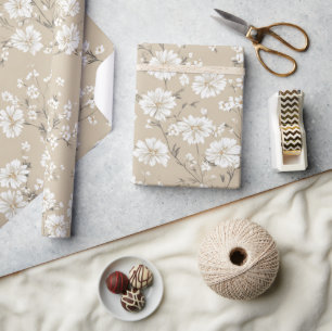Vit Beige Ditsy Blomma Elegant Boho 70-tal Vintage Presentpapper
