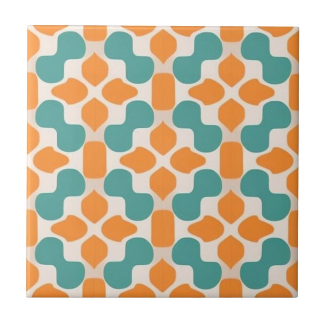 Vit, beige, vattenblå och orange blommigt kakelplatta (Framsidan)