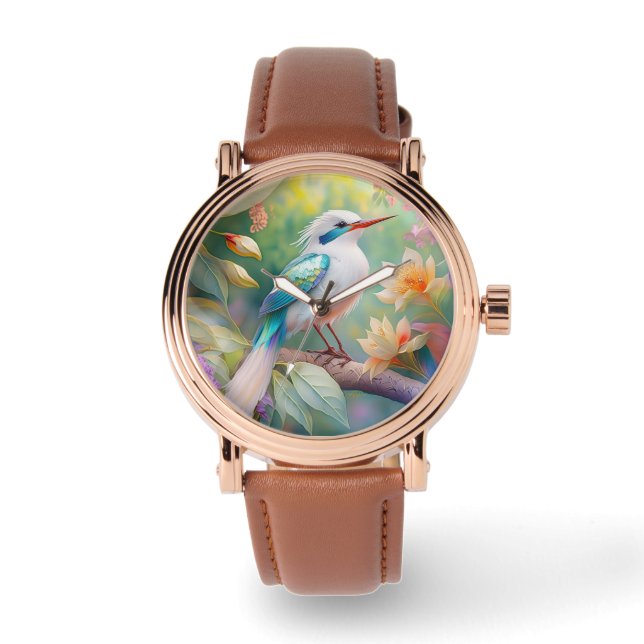 Vit bestritt Iridescent Teal Vinge Fantasy Bird Armbandsur (Framsida)