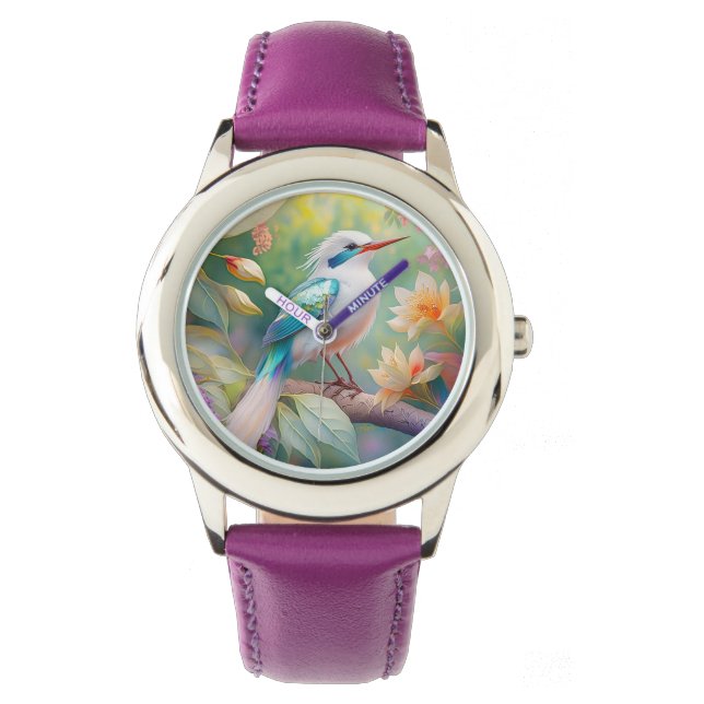 Vit bestritt Iridescent Teal Vinge Fantasy Bird Armbandsur (Framsida)