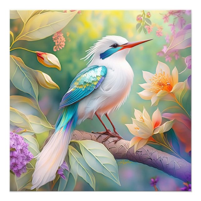 Vit bestritt Iridescent Teal Vinge Fantasy Bird Fototryck (Framsidan)