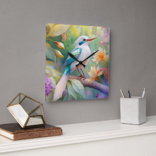 Vit bestritt Iridescent Teal Vinge Fantasy Bird Fyrkantig Klocka