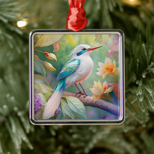 Vit bestritt Iridescent Teal Vinge Fantasy Bird Julgransprydnad Metall